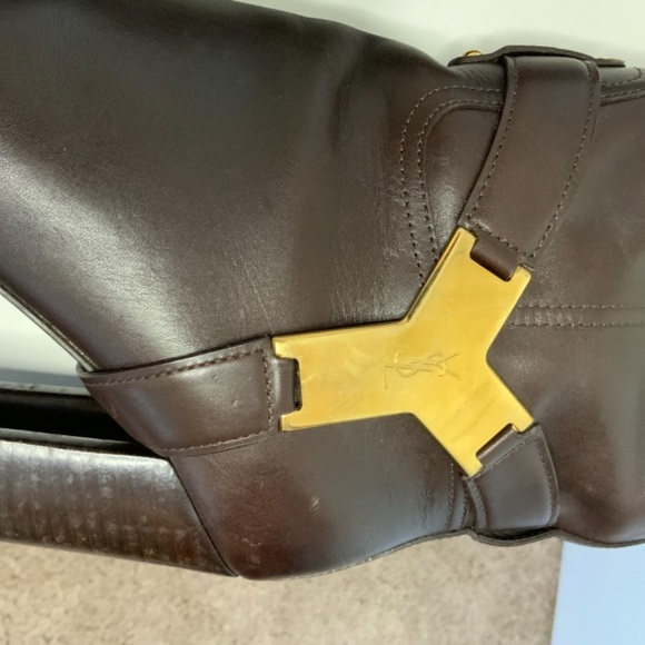 Yves Saint Laurent Dark Brown Heeled Boots with Gold Details - Picture 9 of 13